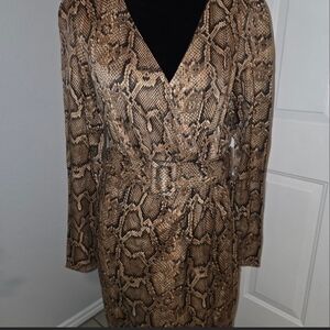 Zara Brown Snake-Print Long Sleeve Wrap Dress